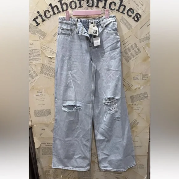 Free People SER.O.YA Blythe Jeans Wide Leg Distressed Slouchy Sky Blue